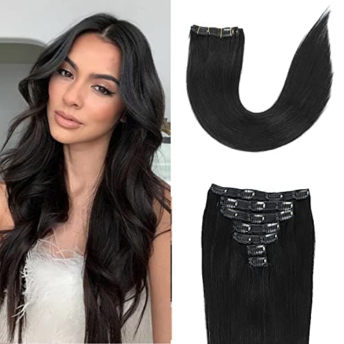 Clip in Hair Extensions Real Human Hair, 18inch 120g/set 7pcs, Thick Remy Human Hair Clip in Extensions, Brazilian Straight Human Hair Clip ins for Women (1b, 18inch)