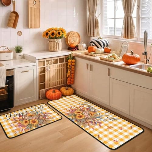 Yovirinto Happy Fall Sunflower Buffalo Plaid Kitchen Rugs Set of 2, Maple Leaves Thanksgiving Autumn Floor Kitchen Mat for Fall Home Holiday Party Decor 17"x47"+17"x30"