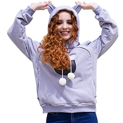 ALYC Unisex Hoodies Pet Holder Cat Dog Large Pouch Carriers Pullover with Cat Printing Sweatshirt (Light Grey-S)