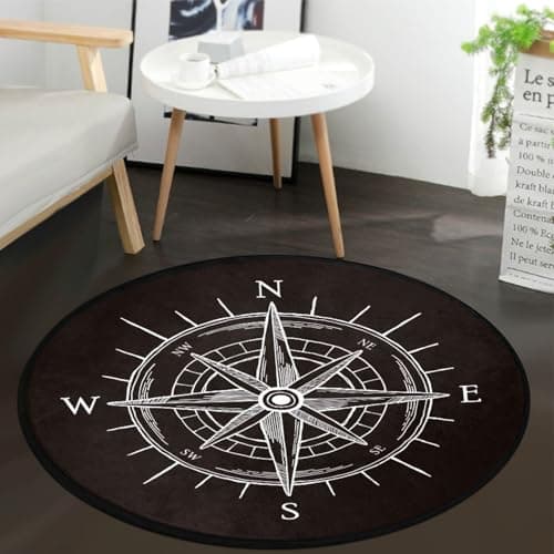 keepcute Vintage Wind Rose Compass Black Round Area Rug for Bedroom Living Room Study Playing,Non-Slip Round Floor Mat Carpet, 6 ft