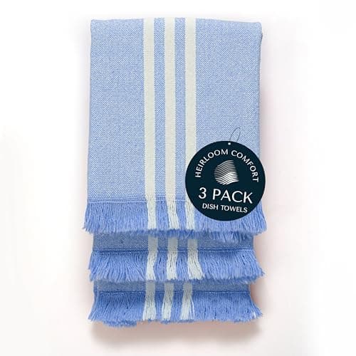 HEIRLOOM COMFORT 3 Pack Monochrome Stripe Dish Towels with Fringes, 16"x26", 100% Cotton, Absorbent & Durable, Quick Drying Kitchen Towels for Daily Cleaning, Cooking & Baking, Easy Care, Sky Blue