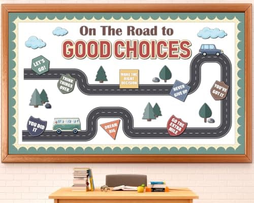 On The Road to Good Choices Bulletin Board Set Motivational Moving Mountains Road Trip Bulletin Board Classroom Decoration Affirmations Station Cutout for Back to School First Day of School Wall Decor