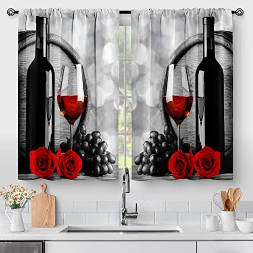 Red Rose and Wine Kitchen Curtains - Rustic Romantic Valentine Farmhouse Girls Women Short Tier Cafe Curtains Decor for Dining Room Art Country Rod Pocket Window Drapes 24 Inch Length 2 Panels Set