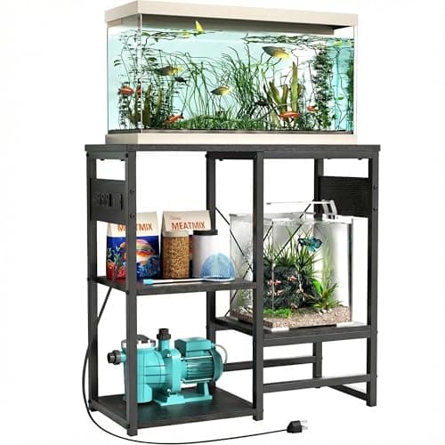 GRLEAF 5-10 Gallon Fish Tank Stand with Power Outlets, 4 Tier Metal Aquarium Stand with Wood Storage Shelves, 20.3" L x 10.6" W x 30.3" H Turtle Reptile Fish Tank Table Aquarium Table - Black
