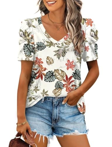 Tops for Womens V Neck Puff Sleeve Tshirts Work Blouses Business Casual Spring Clothes Basic Tee Beige Printed XXL