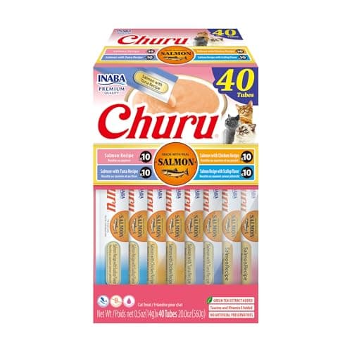 INABA Salmon Churu Cat Treats, Lickable, Squeezable Creamy Purée Cat Treat with Green Tea Extract & Taurine, 0.5 Ounces Each Tube, 40 Tubes, Salmon Variety Box