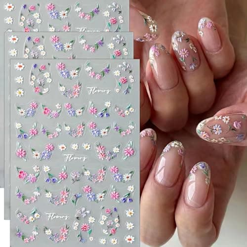 Flower Nail Art Stickers 5D Embossed Nail Stickers Summer Nail Decals DIY Self Adhesive Colorful Little flowers Nails Design Sticker Spring Nail Decoration for Women Supplies Manicure Accessories 3Pcs
