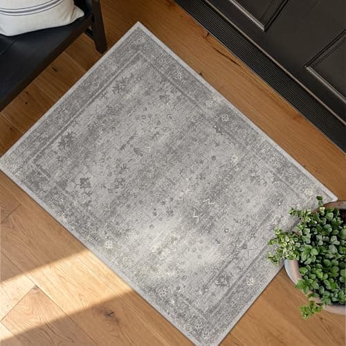 2x3 Washable Entryway Rug, Neutral Gray Vintage Distressed Geometric Rug for Kitchen & Bathroom, Non Slip Low Pile Indoor Mat for Front Door