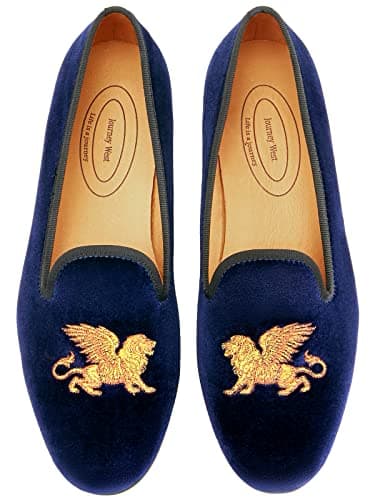 Journey West Men's Velvet Loafers Embroidery Slip-On Loafers Tuxedo Dress Shoes Smoking Slippers for Men Lion Navy Blue 10.5