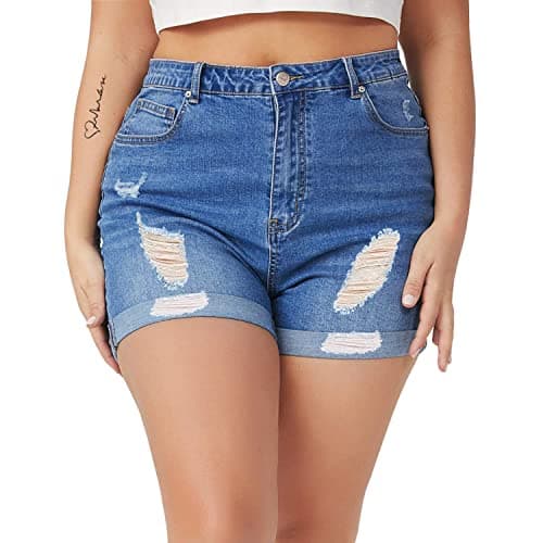 Tulucky Women Plus Size Jean Shorts High Waist Cute Distressed Ripped Folded Hem Denim Shorts(3#DarkBlue,16Plus)