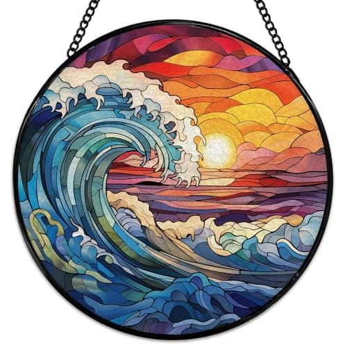 Hiuwevt Coastal Beach Ocean Suncatcher Stained Glass Window Hanging, Ocean Waves Sunset Sunshine Sun Catchers Indoor Window Glass Wall Art Decor, Nautical Round Wall Hanging Decorations, 7.9x7.9 inch