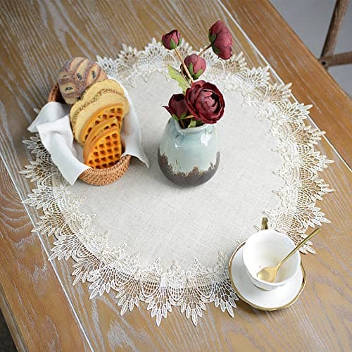 ARTABLE Grey Lace Doily Linen Table Topper Scarf Placemat Round Small Coffee Farmhouse Table Cover Rustic for Kitchen Home Dining (Stone Grey, 23 Inch Round)