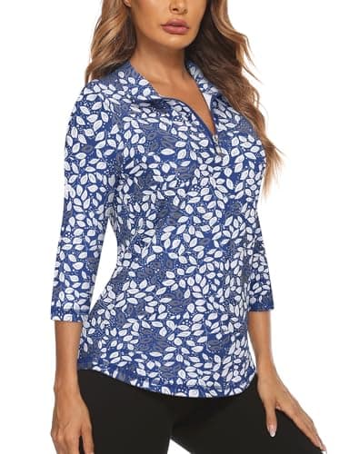Koscacy V Neck Top Women, Tennis Golf Shirt Breathable Zipper Running Workout Outdoor Tops Yoga Biking Daily Casual Wear Aline Soft Shirts Blue and White XX-Large