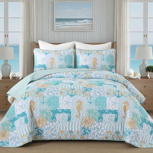 Xruibed Coastal Quilt Set King Size, Aqua Green Nautical Beach Quilt Set, Reversible Lightweight Patchwork Bedspread with 2 Pillowshams Soft Microfiber Bedding Set for All Season 90"x110"