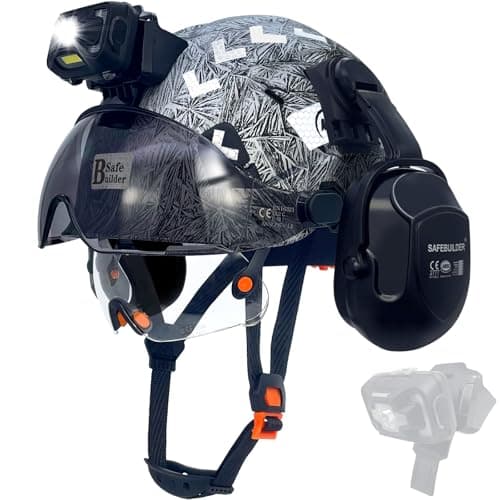 SAFEBUILDER Hard Hats with Visor and Headlight Ear Muffs Lightweight Vented Safety Helmet Headlamp for Construction Industrial Outdoor Work ANSI Z89.1 Approved (GangMu+CSV+B07+SHL01)