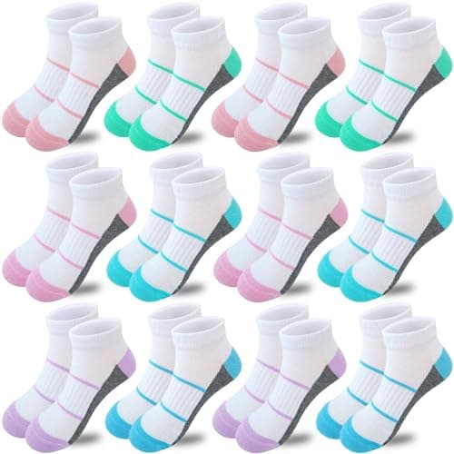 Bemeol 12 Pairs Girls Socks Low Cut Ankle Socks Girls Kids 4-6 6-8 8-10 Years Old Half Cushion Athletic Sock(5-7 Years)