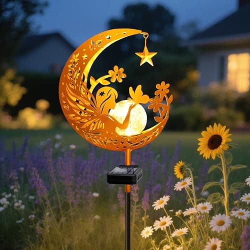 Solar Garden Lights Waterproof, Gift for Women Mom Grandma Wife Daughter, Fairy Pathway Stake Light, Glass Globe with Moon Fairy Decor, Outdoor Decor Light for Walkway Yard Lawn Patio Courtyard Garden