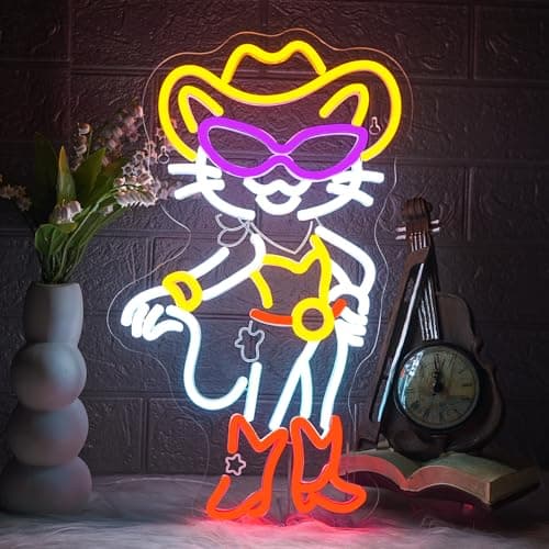 ineonlife Cowboy Neon Sign Cat Neon Signs for Wall Decor Mode LED Lights for Room Personality Light Up Western Decor for Bar Pub Birthday Party Gifts for Teens Gifts for Cat Lovers
