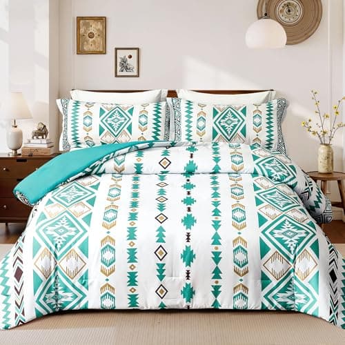 Tyrot Queen Comforter Set – 3 Piece Turquoise Boho Aztec Bedding, Western Southwestern Style Comforter Sets, Soft Lightweight Comforter for All Seasons, 1 Comforter & 2 Pillow Shams