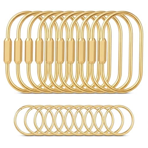Tiezzi Gold Brass Key Rings, 10 Pack Keychain with 10 Flat Rings Carabiner Clip, Screw Lock Keys Organizer, Purse Bag Accessories Charms Holder for Handbags, Doll, Car Keys - Medium Size