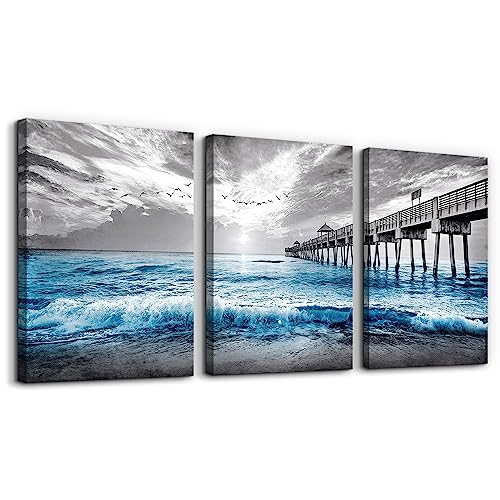 DZRWUBHS Wall Decorations For Living Room 3 Piece Framed Canvas Wall Art Black And White Wall Painting Blue Ocean Sea Wave Pictures