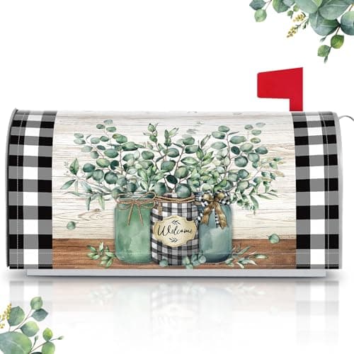 Tiamon Summer Eucalyptus Jar Mailbox Covers Magnetic Black and White Plaid Letter Box Wrap Standard Size 21x18 Inch Welcome Jar Mailbox Decor Farmhouse Post Box Decoration for Outdoor Garden Yard