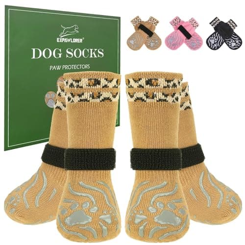 EXPAWLORER Dog Socks for Summer Hot Pavement to Prevent Licking Paws, Anti Slip Doggie Grippy Booties Shoes for Hardwood Floors, Boots & Paw Protectors for Small Medium Large Senior Dogs Khaki L