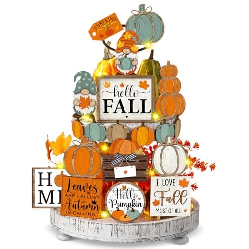FairySandy 21 Pcs Fall Tiered Tray Decoration Set Fall Table Sign Pumpkins Farmhouse Decor Gnome Maple Leaves Centerpieces Thanksgiving Harvest Wood Decorative Blocks Tabletop Sign for Autumn(Pumpkin)