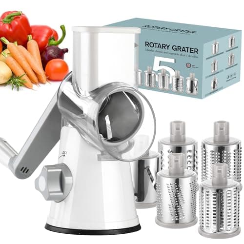Ourokhome Rotary Cheese Grater Hand Crank, Kitchen Shredder Speed Mandolin Slicer Ice Shaver with Handle and Drum Blades for Cheese, Vegetable, Nuts, Chocolate, Potato, Carrot, 5 Blades, White