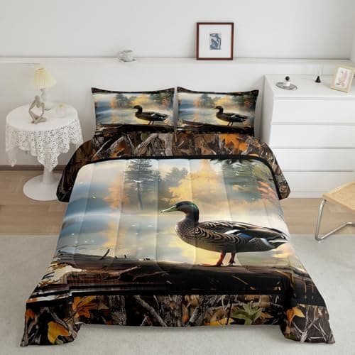Feelyou Mallard Duck Bedding Set King Size Kids Wild Animal Comforter Cover for Boys Girls Teens Country Rustic Cabin Duvet Cover Brown Black Quilt Set Breathable Soft Lightweight Microfiber