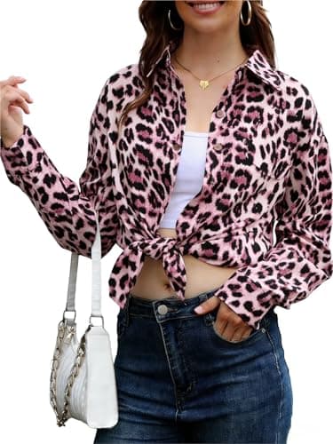 Dressmine Leopard Print Blouse for Women Oversized Button Down Shirts Casual Work Blouses Lightweight Office Tops Pink Small