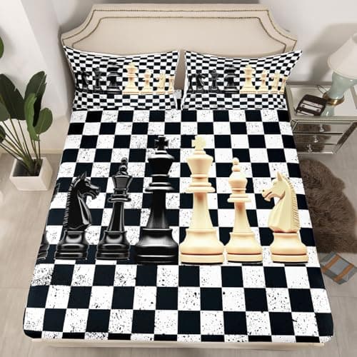 Feelyou International Chess Decor Bedding Fitted Sheet Board Game Lover Bedding Sheets for Boys Girls Geometric Checkerboard Vintage Bed Sheet Set White Black Bed Cover Room 2Pcs Twin Size