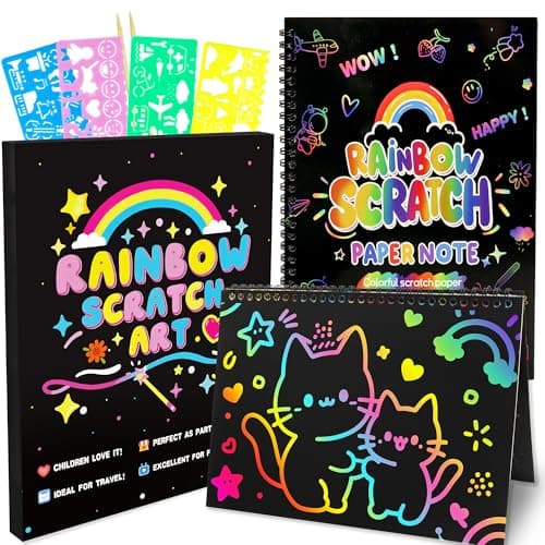 Scratch Art Crafts Kit for Kids – 2 Pack Rainbow Scratch Paper Notebooks with Wooden Styluses and Drawing Stencils, Magic Art Supplies Birthday Christmas Gifts Party Favors for Boys Girls Ages 3-10