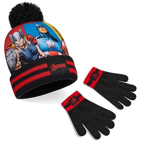 Marvel Boys Hat and Gloves Set for Boys Kids Winter Beanie Hat Cold Weather Accessories Set Avengers Gifts (Black Avengers 2 Pcs)