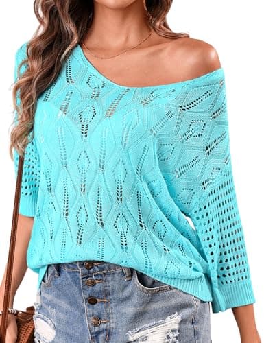 Totatuit Womens Crochet Hollow Out Knit Tops 3/4 Sleeve Spring Summer Sweaters Beach Cover Ups for Women Trendy Pink Blue Small