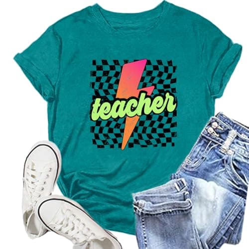 NEWKA Womens 90s Teacher Shirts Lightning Neon Teacher T-Shirt Teaching Life Tee Top
