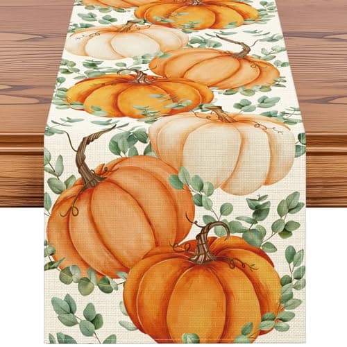 Artscope Pumpkins Eucalyptus Leaves Fall Table Runner,Thanksgiving Holiday Kitchen Dining Table Decoration for Fall Home Decor 13x60 Inch - Orange