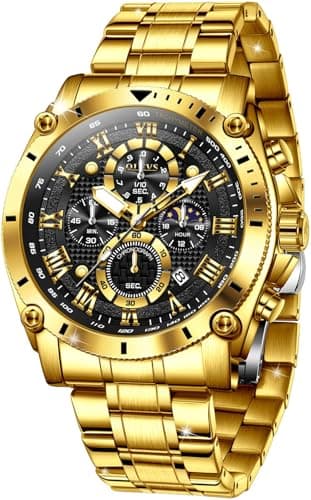 OLEVS Men's Watch Luxury Big Face Stylish Original Business Dress Moon Phase Two Tone Stainless Steel Waterproof Calendar Wrist Watch