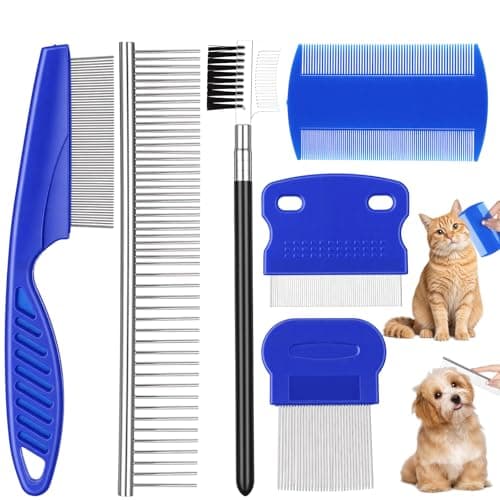 6 Pack Flea Comb, Double-Sided Tear Stain Remover, Fine & Wide Tooth Lice Comb for Remove Fleas Lice Eggs, Stainless Steel Dog Cat Grooming Combs With Rounded Teeth for All Types of Pets