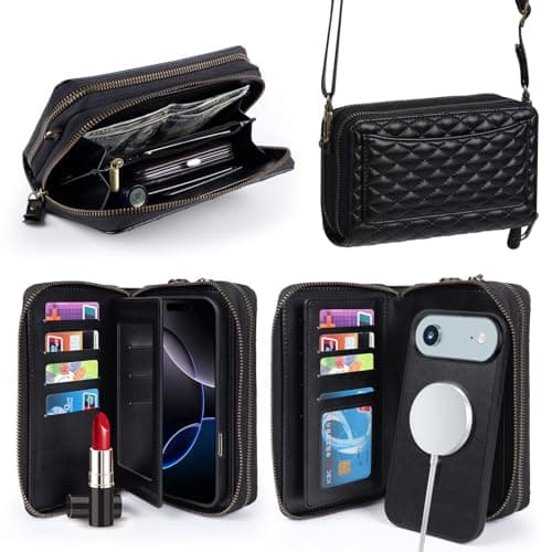 Harryshell Compatible with iPhone Air Case Wallet Multi Zipper Detachable Removable Cover Purse with RFID Blocking Card Slots Holder Mirror Crossbody Strap (Compatible with Magsafe - Black)