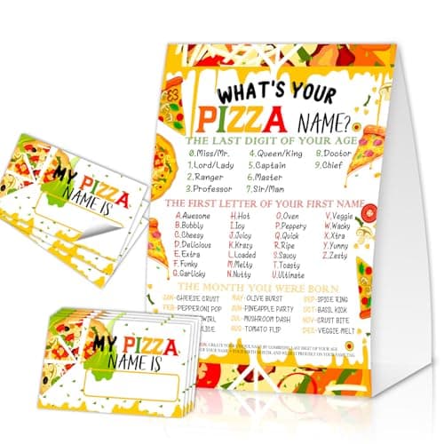 What's Your Pizza Name, Funny Pizza Theme Game Cards Set,1 Game Sign and 30 Cards, Perfect for Birthday Party Activities