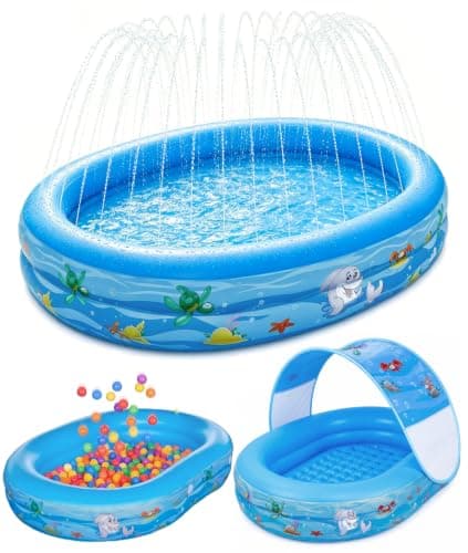 Learn2M Inflatable Kids Pool with Canopy and Sprinkler 65" x 46", Kiddie Blow Up Pool with Shade Cover for Baby Swimming, Toddler Ball Pit for Backyard Water Fun Indoor Outdoor Summer Toys