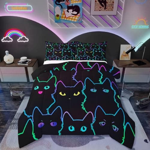 Erosebridal Cute Cat Kids Comforter Neon Rainbow Line Cat Twin Bedding Set for Girls Boys Teen Cartoon Kawaii Cats Toddler Bed Set Colorful Animals Quilt Set Reversible Black,1 Pillow Case