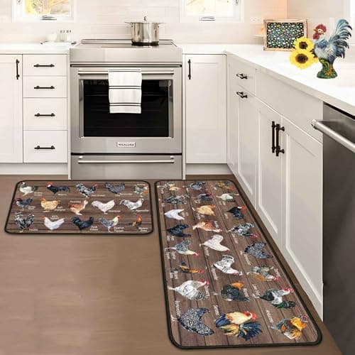 Noulmea Chicken Breeds Kitchen Mat Set of 2, Farmhouse Wooden Plank Rooster Print, Non-Slip Absorbent Kitchen Rugs for Floor, Laundry, Hallway & Kitchen Decor 17"x47"+17"x30"