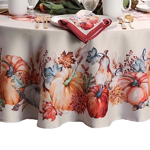 Elrene Home Fashions Botanical Harvest Pumpkin Engineered Wrinkle Resistant Tablecloth, 70" Round