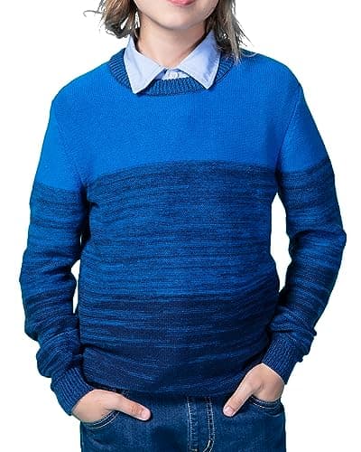 JSTEX Boys Sweater 100% Cotton Knit Kids Pullover Sweater Crew Neck Long Sleeve Striped Sweater for Child Toddler Size 4-14 Blue and Navy