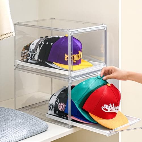 Axidou 2Pack Ultra Clear Hat Organizer Drawer for Baseball Caps Storage, Heavy Duty Box Stackable with Magnetic Door Dustproof for Closet