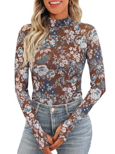 iGENJUN Lace Long Sleeve Shirts Floral Mesh Mock Neck Going Out Tops for Women Business Casual Fashion Fall Outfits 2026, Floral Coffee,S