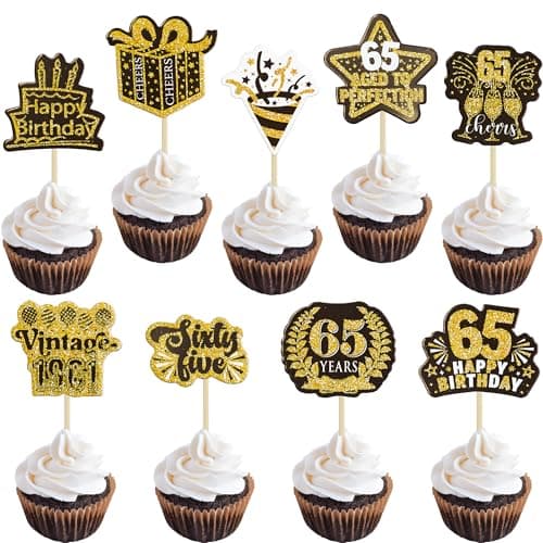 Ephlyn 40Pcs Happy 65th Birthday Cupcake Toppers Double Sided Sixty-five Hello 65 Vintage 1961 Cupcake Picks Straight Outta 1961 Cake Decorations for Cheers to 65 Years 65th Birthday Party Supplies