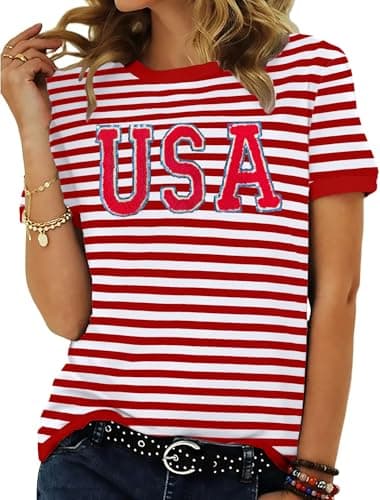 Ithalt Women 4th of July Shirt Fourth of July Shirts USA Sequin Tshirt American Patriotic Short Sleeve Tops Stripes Tees(ASparkleEmbroideryRed, Large)